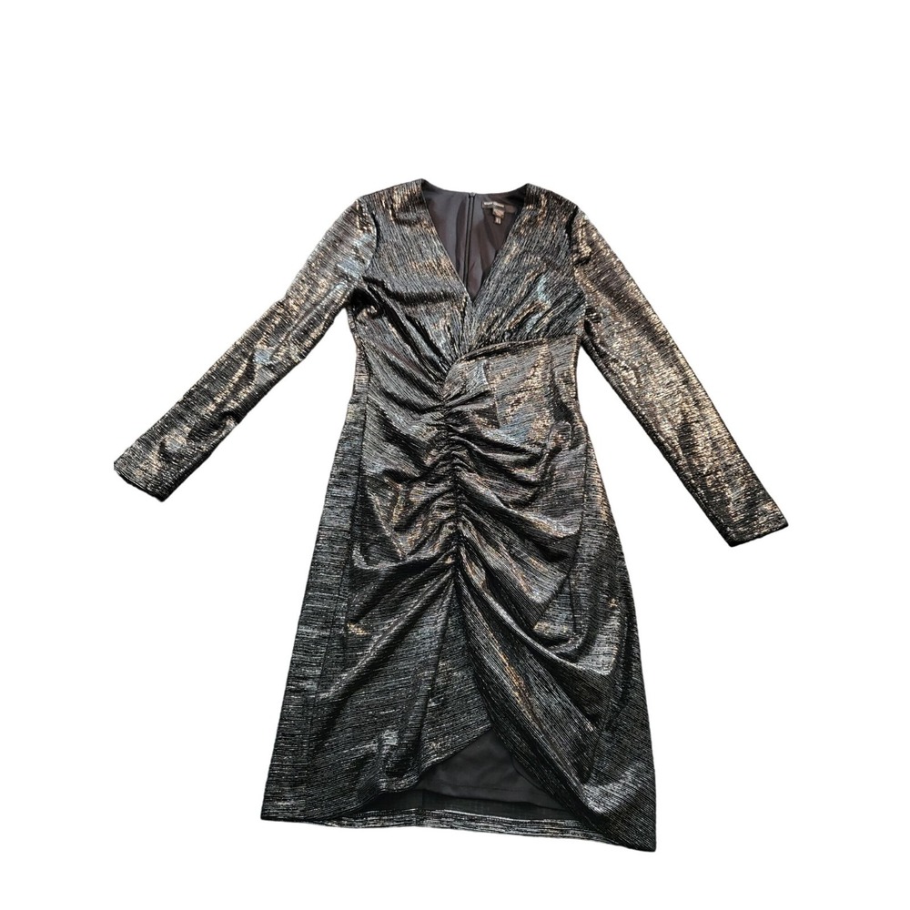 Maggy London Dress Women 8 Black Metallic Silver Shimmer Ruched Long Sleeve Glam